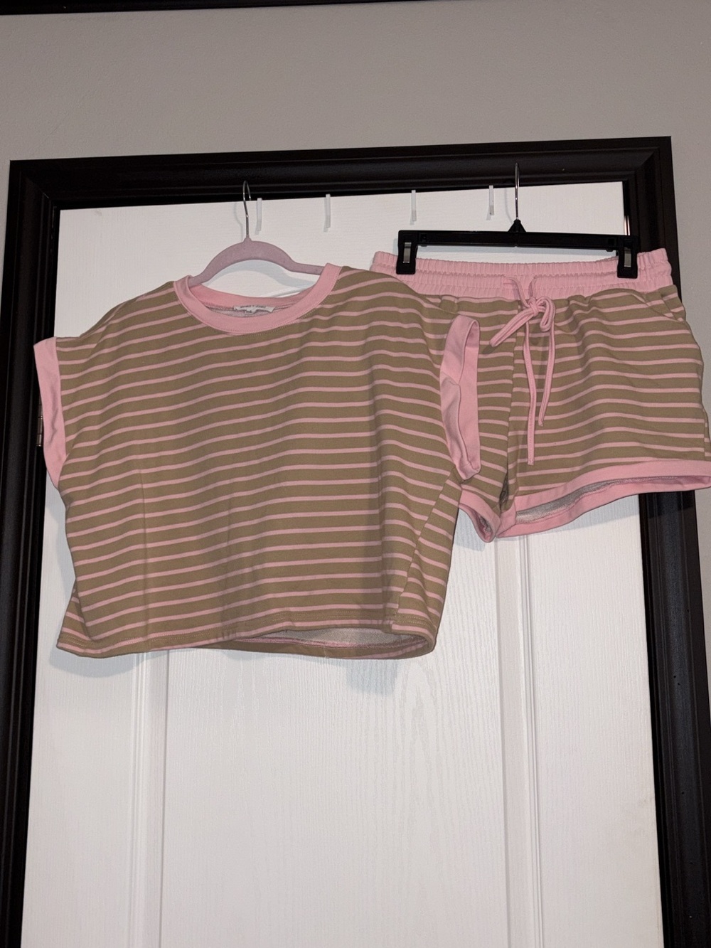 Striped Pink and Tan Short Sleeve Lounge Set - Women's Lounge Set
